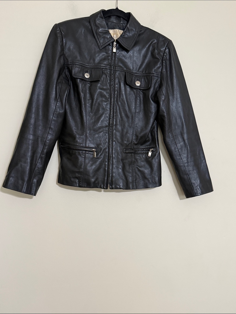 Vintage Classic Black Women's Leather Zip Jacket biker M casual office Y2K retro